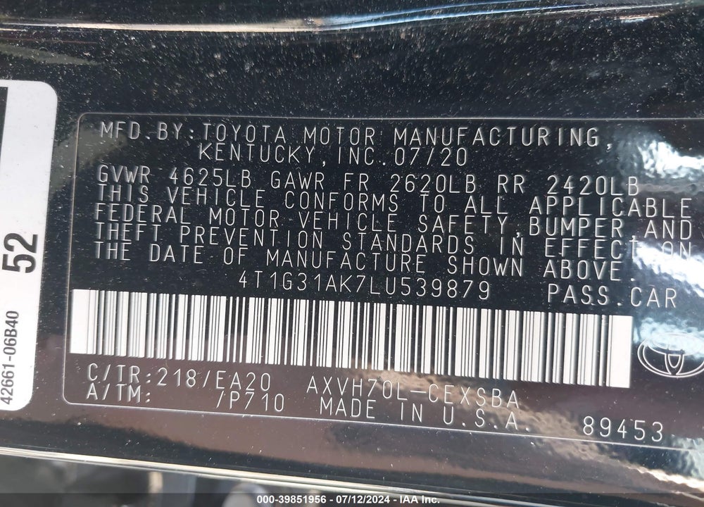 2020 TOYOTA CAMRY SE HYBRID VIN: 4T1G31AK7LU539879