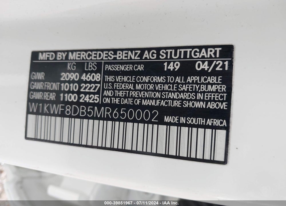 2021 MERCEDES-BENZ C 300 SEDAN VIN: W1KWF8DB5MR650002