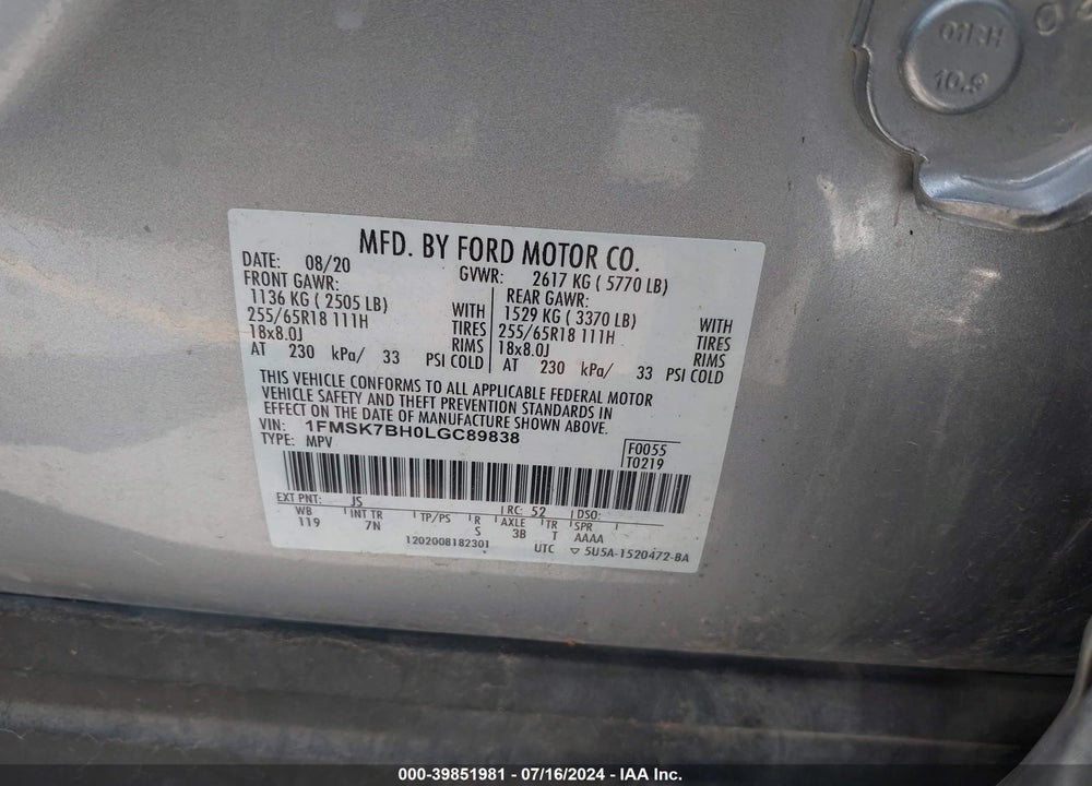 2020 FORD EXPLORER VIN: 1FMSK7BH0LGC89838