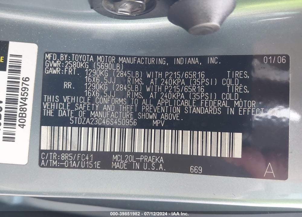 2006 TOYOTA SIENNA LE VIN: 5TDZA23C46S450956