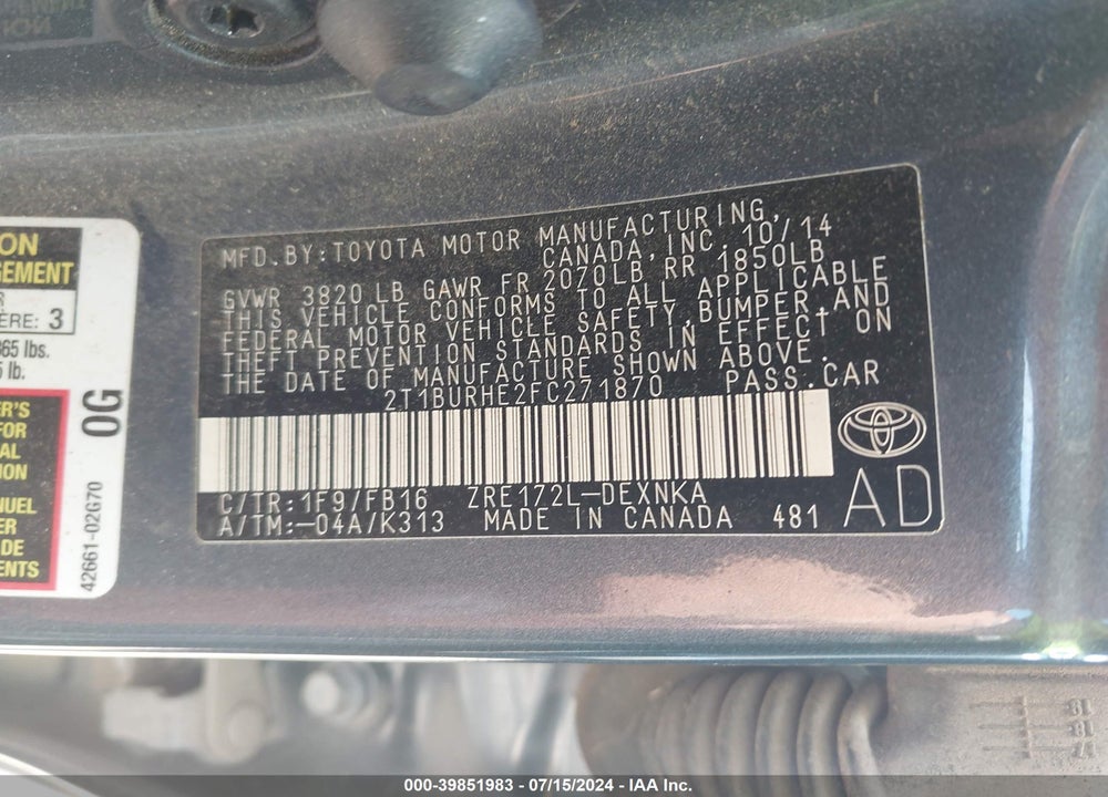 2015 TOYOTA COROLLA LE VIN: 2T1BURHE2FC271870
