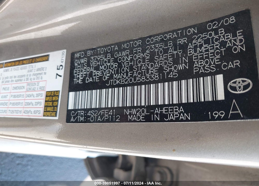 2008 TOYOTA PRIUS VIN: JTDKB20U583381145