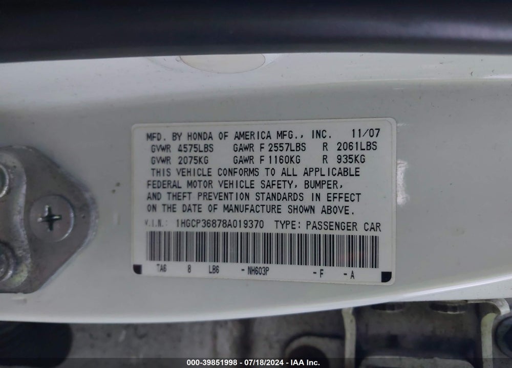 2008 HONDA ACCORD 3.5 EX-L VIN: 1HGCP36878A019370