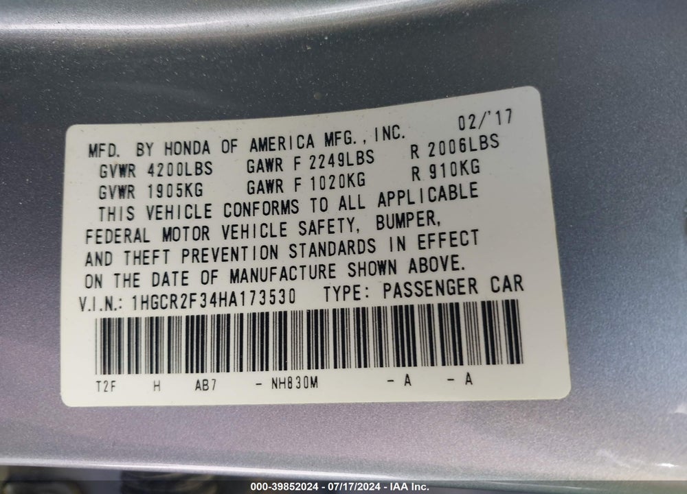 2017 HONDA ACCORD LX VIN: 1HGCR2F34HA173530