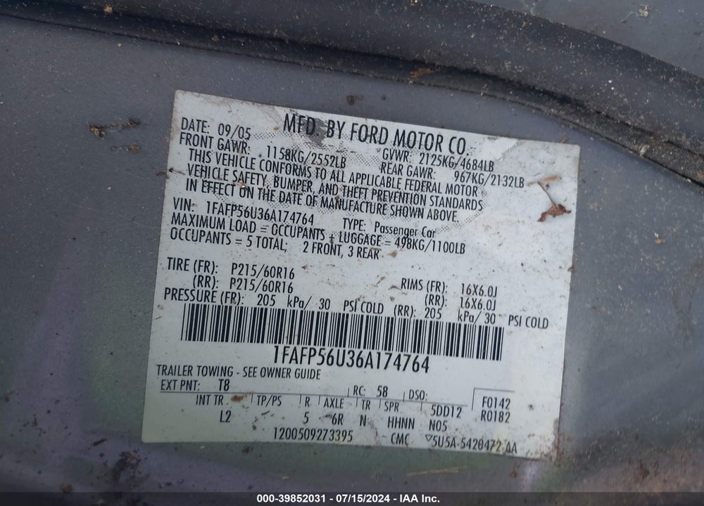 2006 FORD TAURUS SEL VIN: 1FAFP56U36A174764