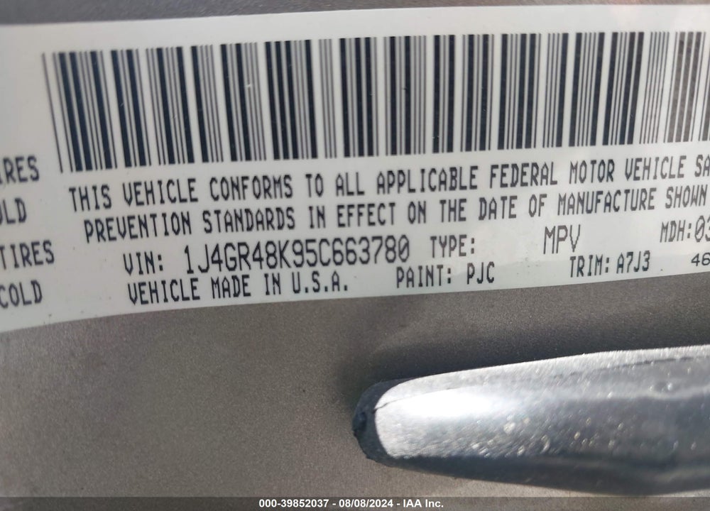 2005 JEEP GRAND CHEROKEE LAREDO VIN: 1J4GR48K95C663780