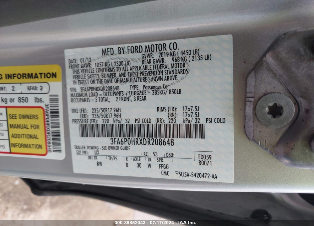 2013 FORD FUSION SE VIN: 3FA6P0HRXDR208648
