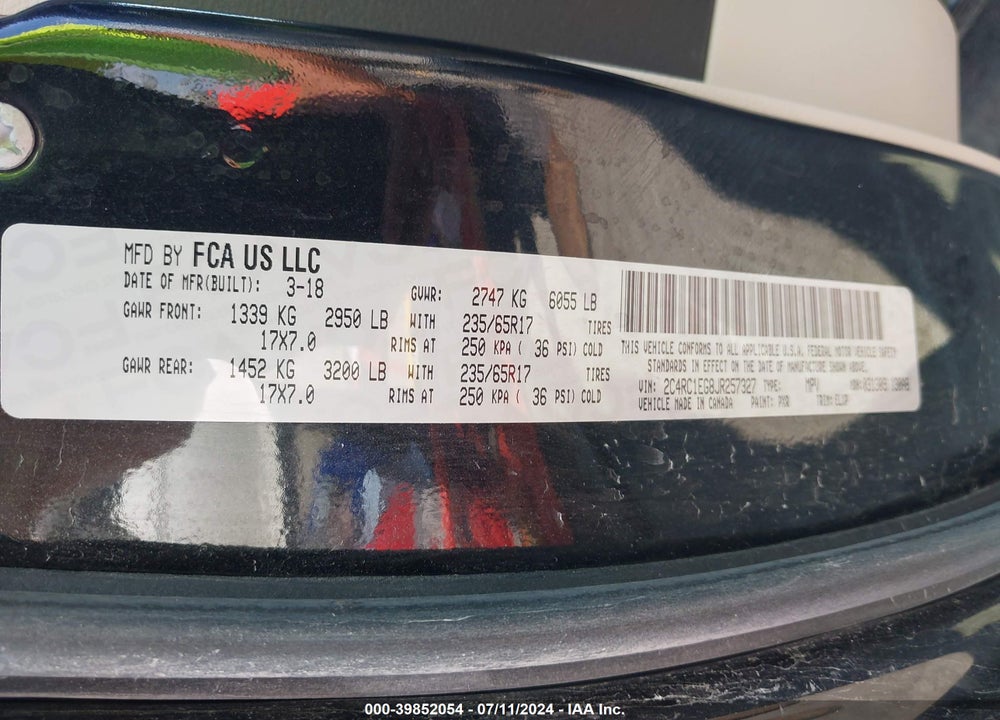 2018 CHRYSLER PACIFICA TOURING L PLUS VIN: 2C4RC1EG8JR257327