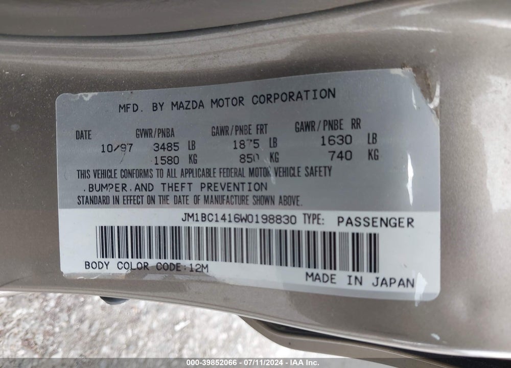 1998 MAZDA PROTEGE DX/LX VIN: JM1BC1416W0198830