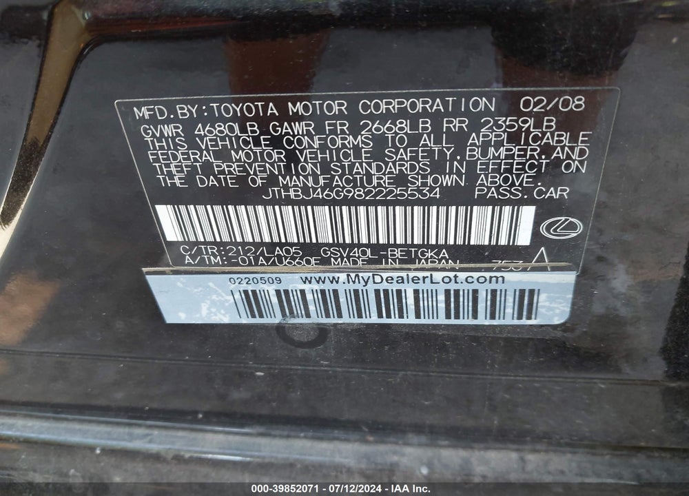 2008 LEXUS ES 350 VIN: JTHBJ46G982225534