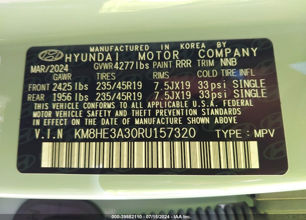 2024 HYUNDAI KONA LIMITED VIN: KM8HE3A30RU157320