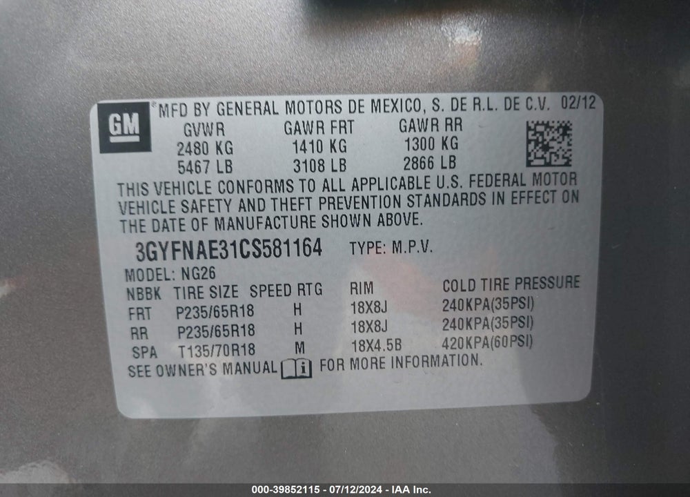 2012 CADILLAC SRX LUXURY COLLECTION VIN: 3GYFNAE31CS581164