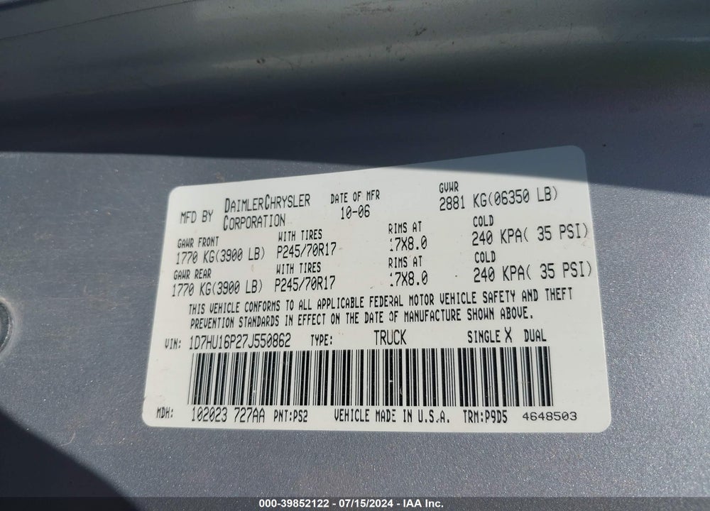 2007 DODGE RAM 1500 ST VIN: 1D7HU16P27J550862