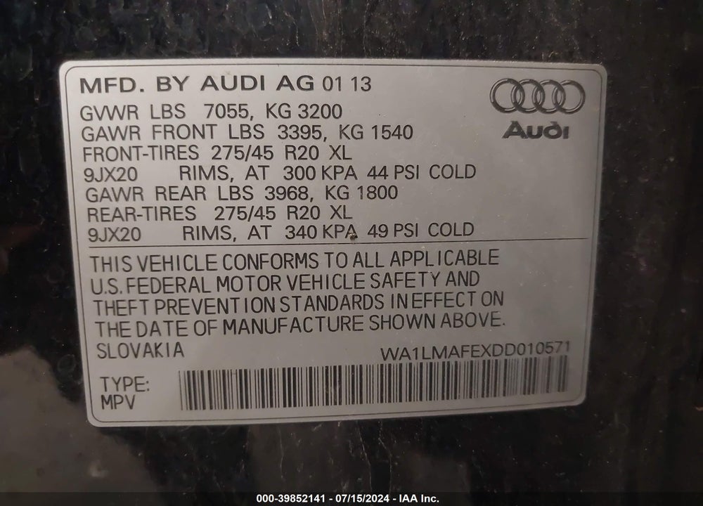 2013 AUDI Q7 3.0 TDI PREMIUM VIN: WA1LMAFEXDD010571
