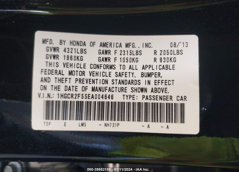 2014 HONDA ACCORD SPORT VIN: 1HGCR2F55EA004646