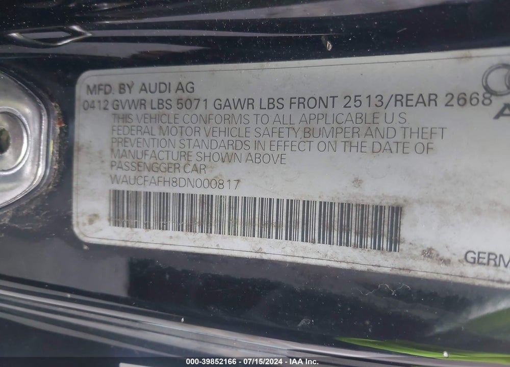 2013 AUDI A5 2.0T PREMIUM VIN: WAUCFAFH8DN000817