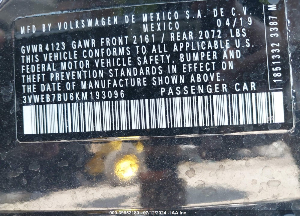 2019 VOLKSWAGEN JETTA 1.4T SEL VIN: 3VWEB7BU6KM193096