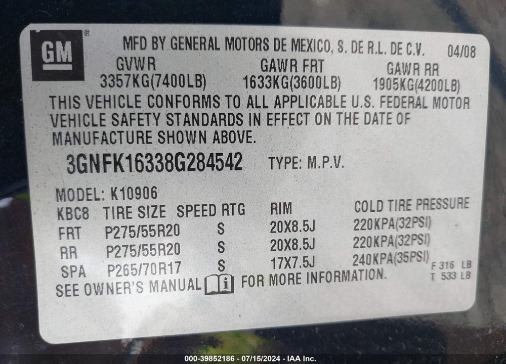 2008 CHEVROLET SUBURBAN 1500 LTZ VIN: 3GNFK16338G284542
