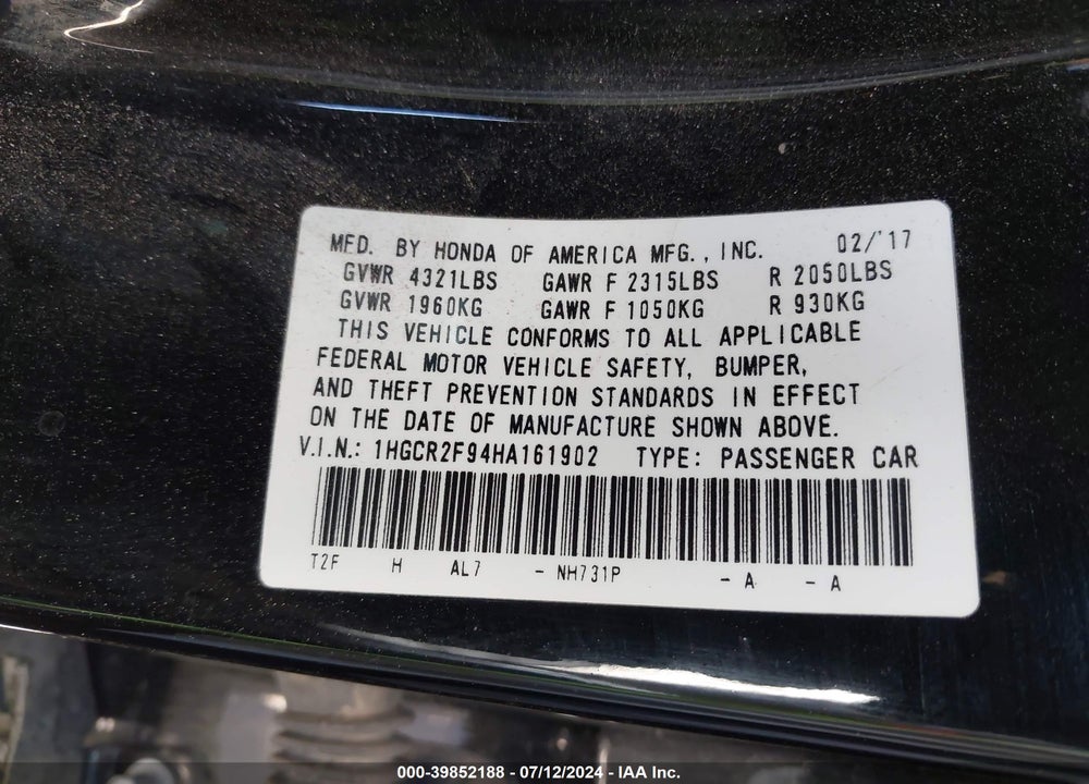2017 HONDA ACCORD EX-L VIN: 1HGCR2F94HA161902