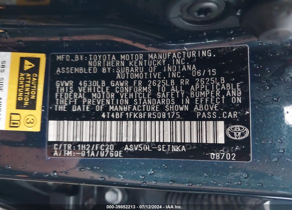 2015 TOYOTA CAMRY LE VIN: 4T4BF1FK8FR508175