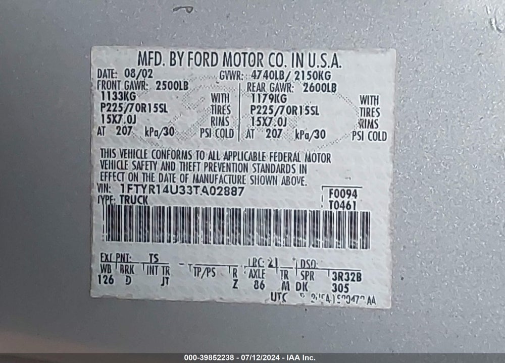 2003 FORD RANGER EDGE/TREMOR/XL/XLT VIN: 1FTYR14U33TA02887