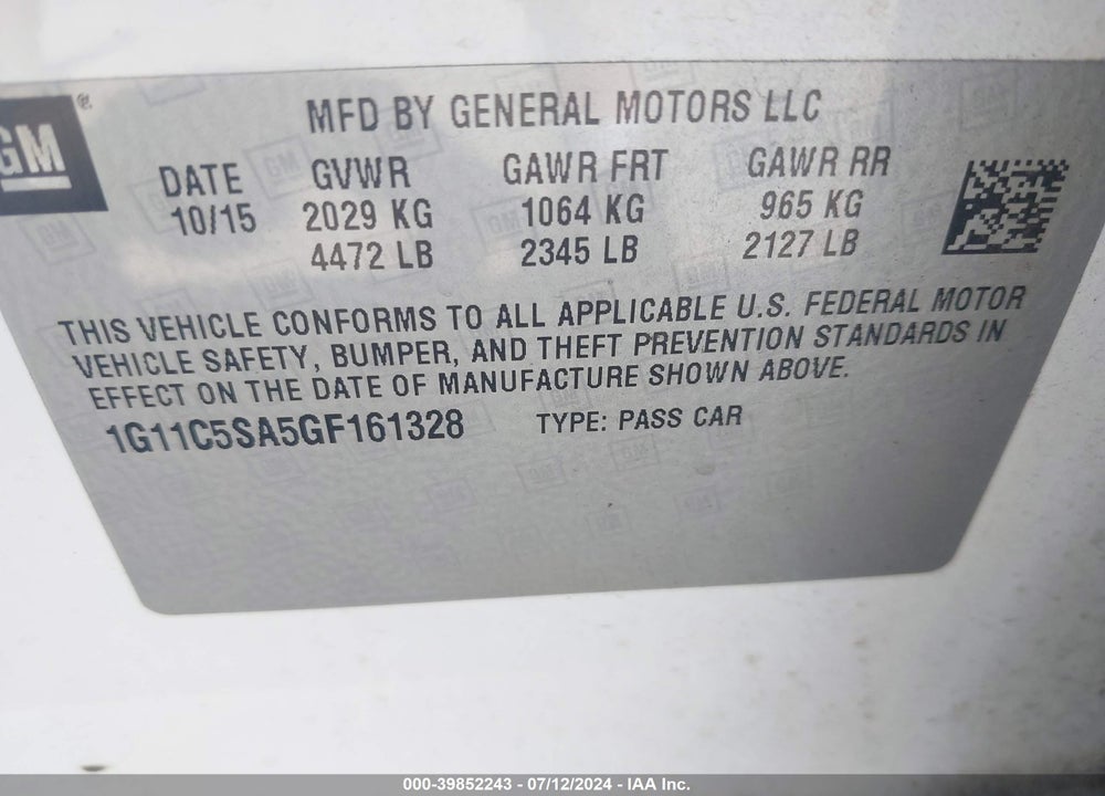 2016 CHEVROLET MALIBU LIMITED VIN: 1G11C5SA5GF161328