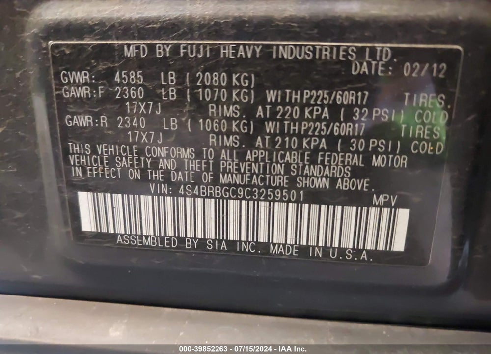 2012 SUBARU OUTBACK 2.5I PREMIUM VIN: 4S4BRBGC9C3259501