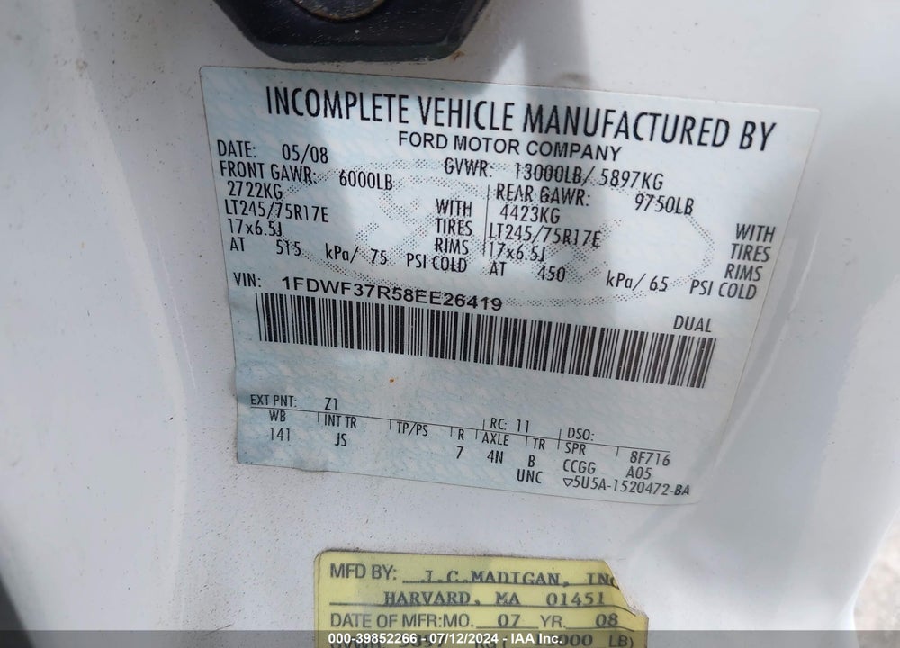 2008 FORD F-350 CHASSIS XL/XLT VIN: 1FDWF37R58EE26419
