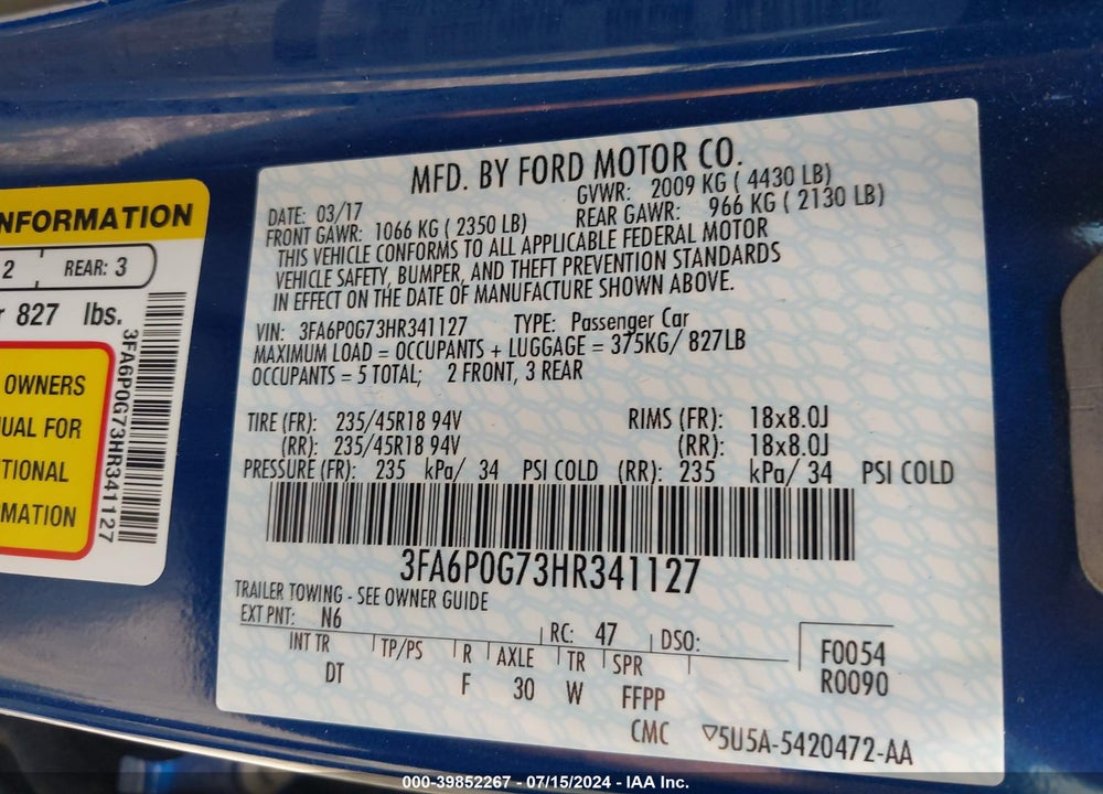 2017 FORD FUSION S VIN: 3FA6P0G73HR341127