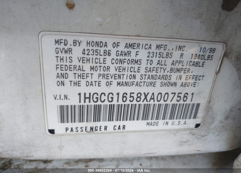 1999 HONDA ACCORD EX V6 VIN: 1HGCG1658XA007561