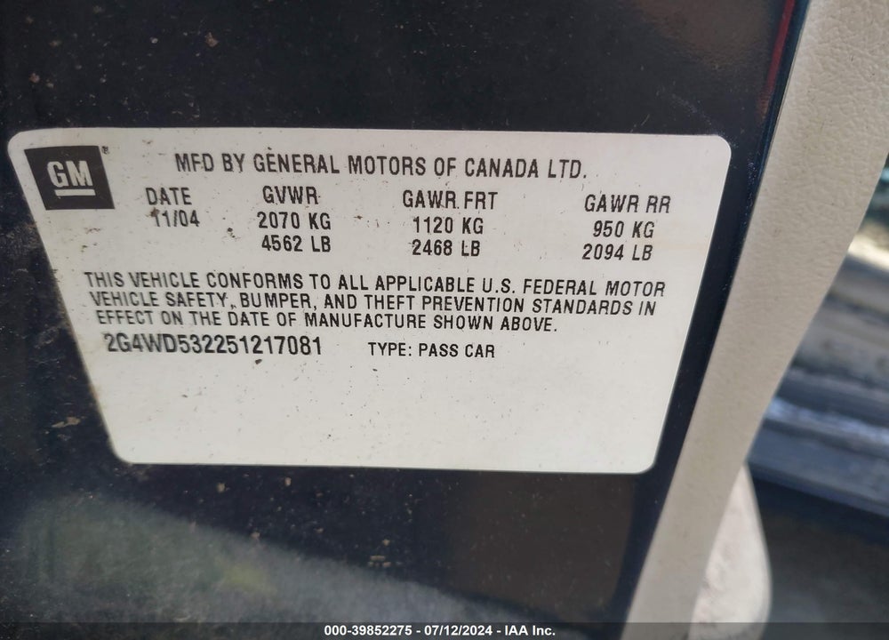 2005 BUICK LACROSSE CXL VIN: 2G4WD532251217081