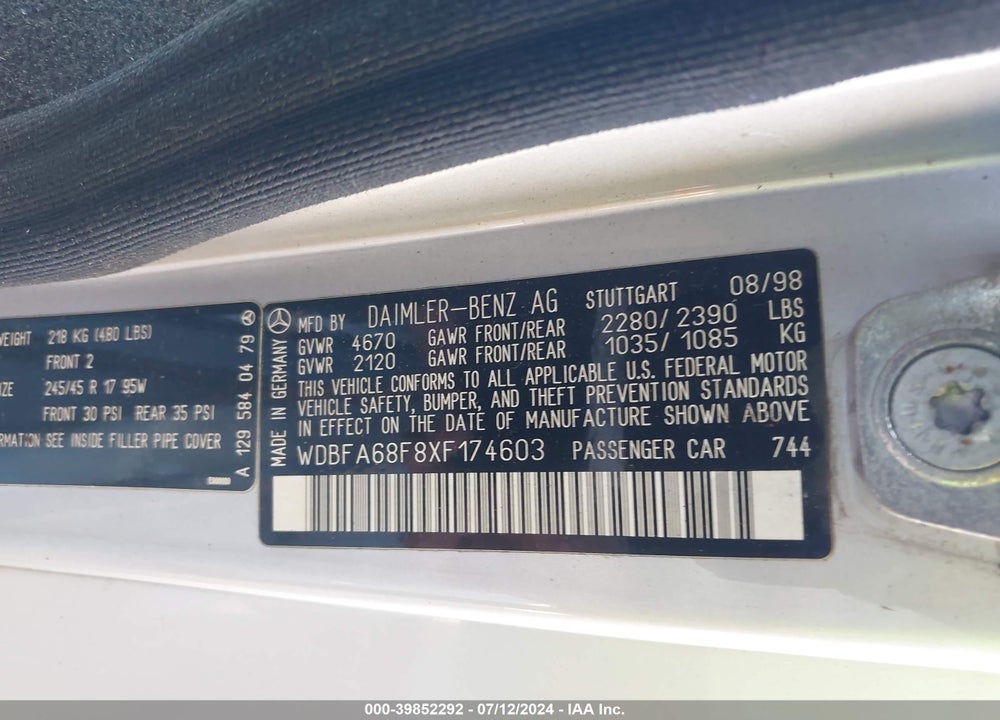 1999 MERCEDES-BENZ SL 500 VIN: WDBFA68F8XF174603