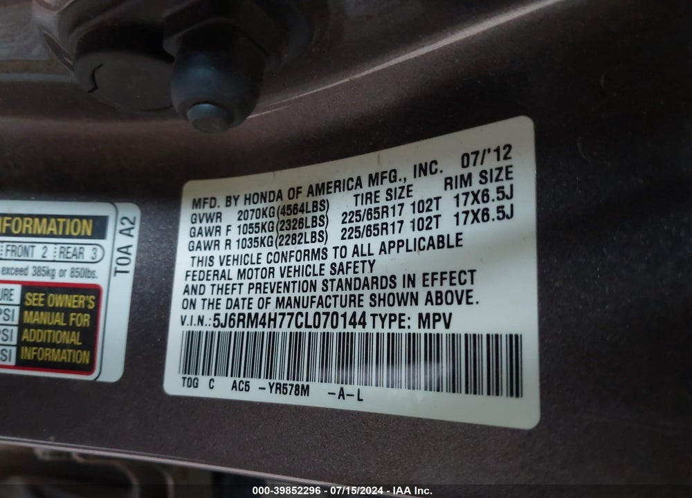 2012 HONDA CR-V EX-L VIN: 5J6RM4H77CL070144