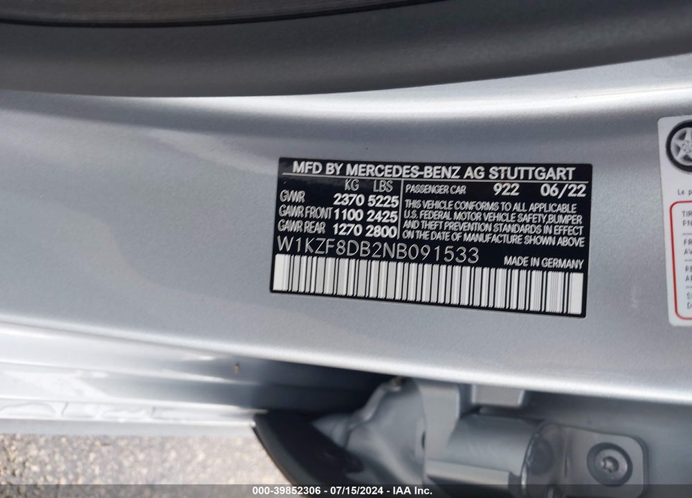 2022 MERCEDES-BENZ E 350 VIN: W1KZF8DB2NB091533