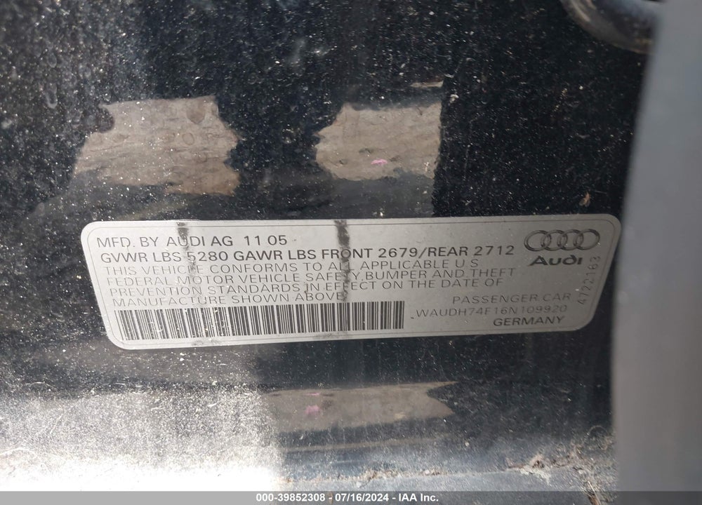 2006 AUDI A6 3.2 VIN: WAUDH74F16N109920