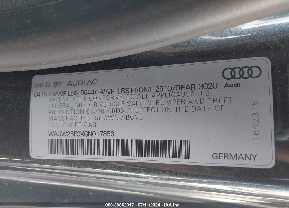 2016 AUDI S7 4.0T VIN: WAUW2BFCXGN017853