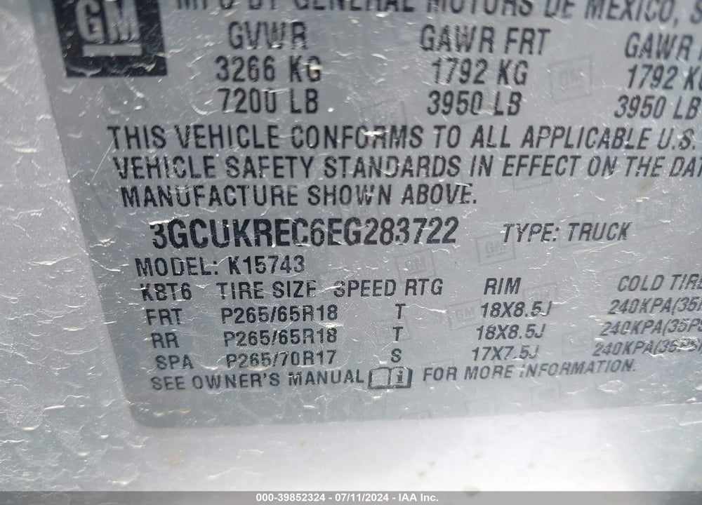 2014 CHEVROLET SILVERADO 1500 2LT VIN: 3GCUKREC6EG283722