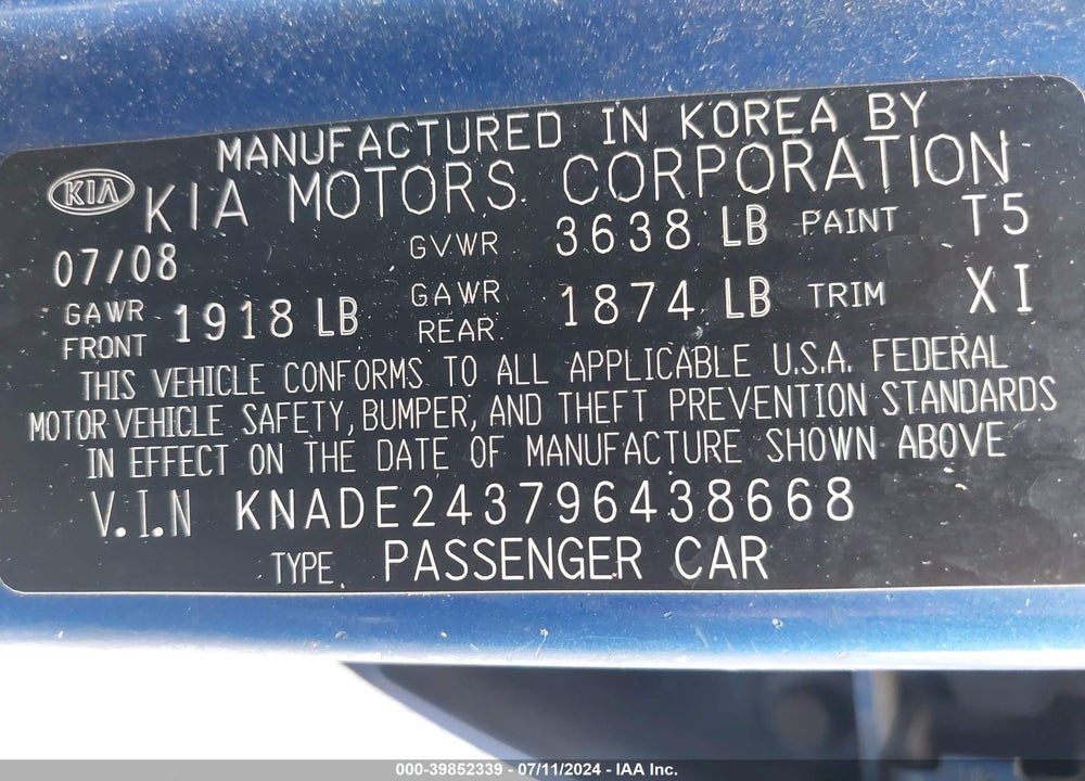 2009 KIA RIO5 SX VIN: KNADE243796438668