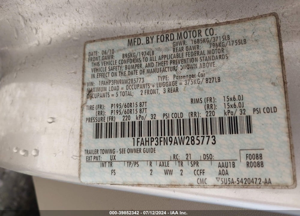 2010 FORD FOCUS SE VIN: 1FAHP3FN9AW285773