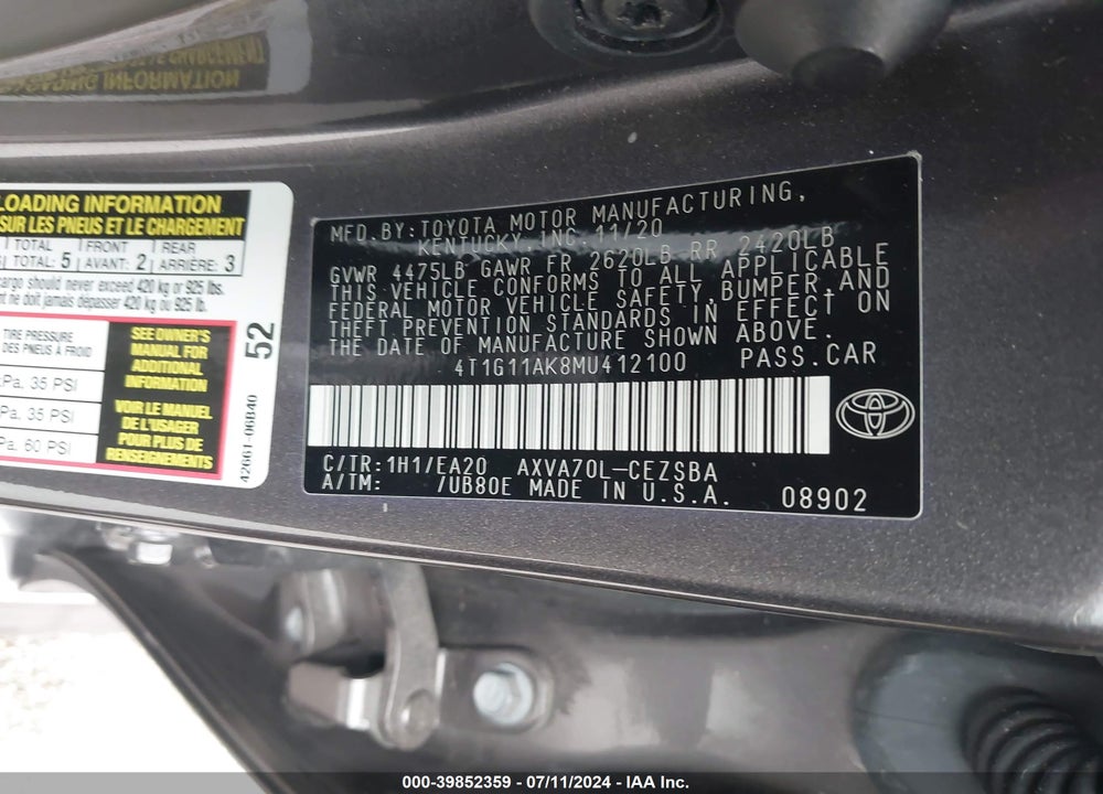 2021 TOYOTA CAMRY SE VIN: 4T1G11AK8MU412100