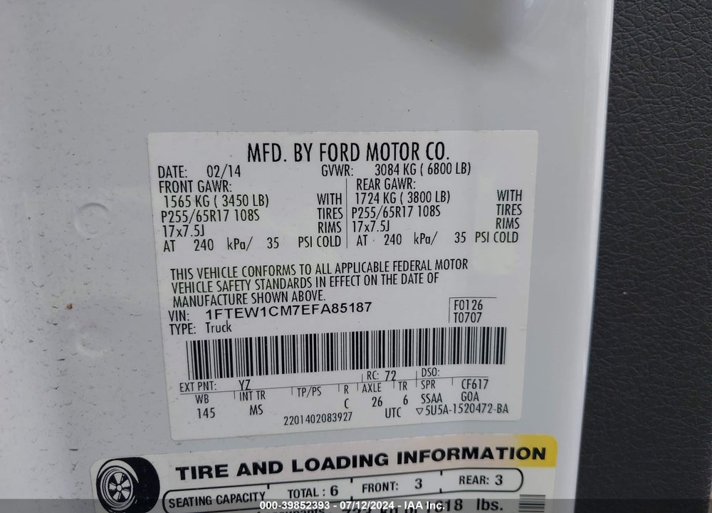 2014 FORD F-150 XLT VIN: 1FTEW1CM7EFA85187