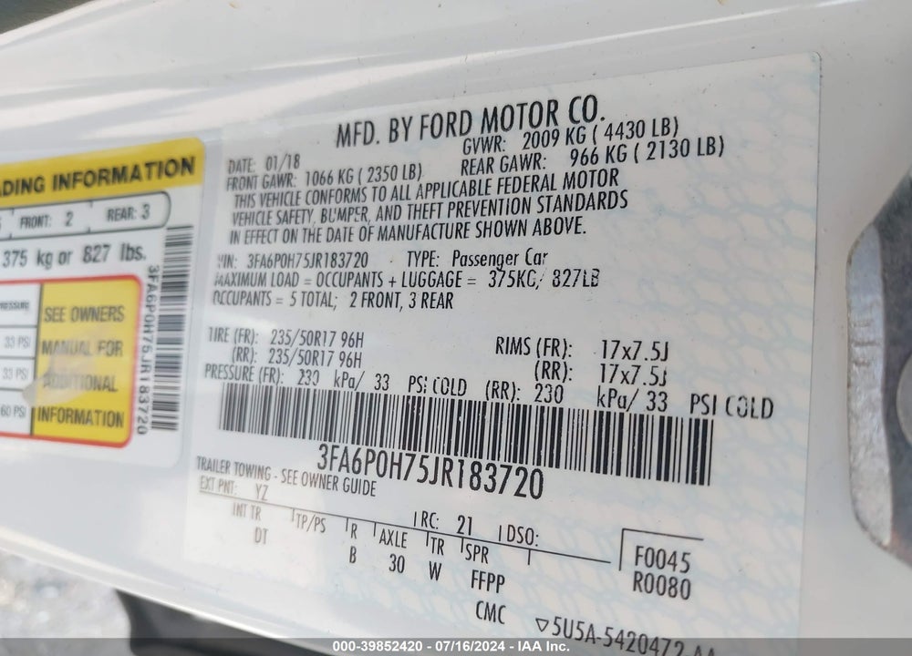 2018 FORD FUSION SE VIN: 3FA6P0H75JR183720