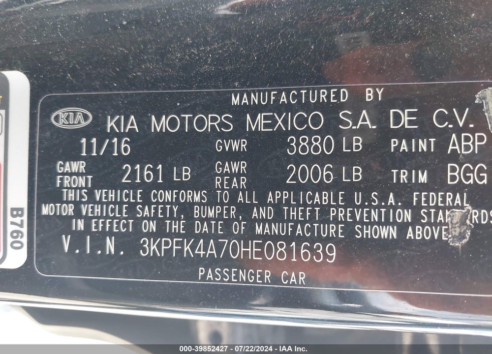 2017 KIA FORTE LX VIN: 3KPFK4A70HE081639