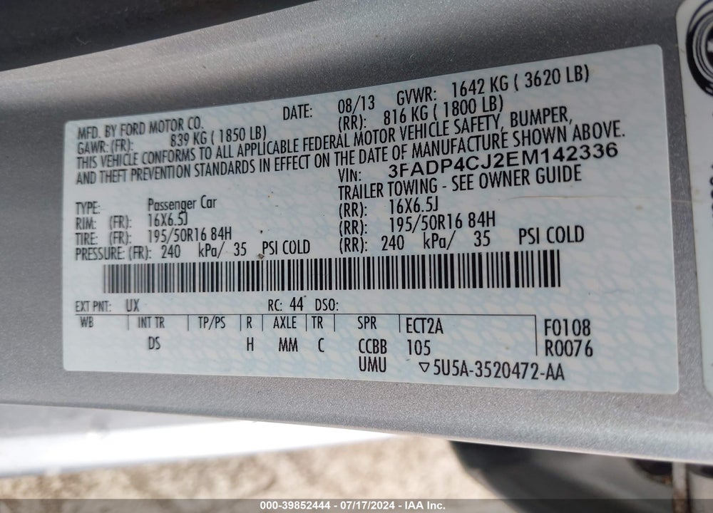 2014 FORD FIESTA TITANIUM VIN: 3FADP4CJ2EM142336