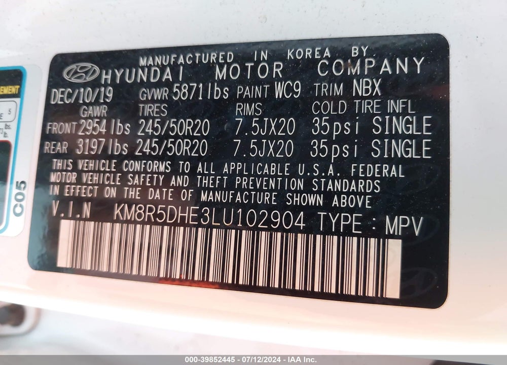 2020 HYUNDAI PALISADE LIMITED VIN: KM8R5DHE3LU102904