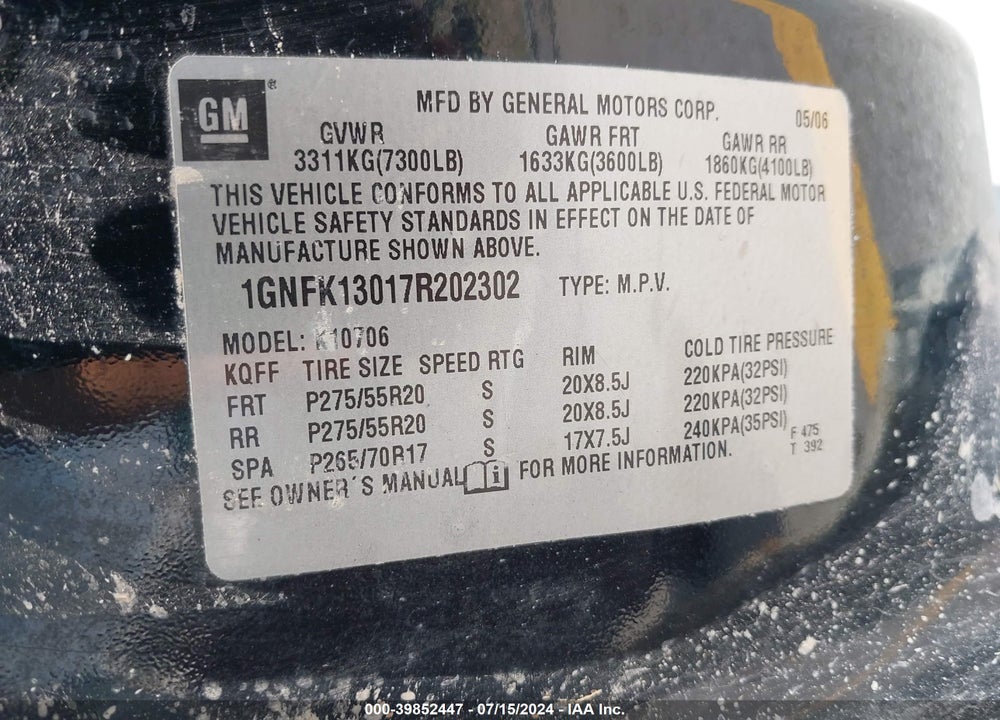2007 CHEVROLET TAHOE LT VIN: 1GNFK13017R202302