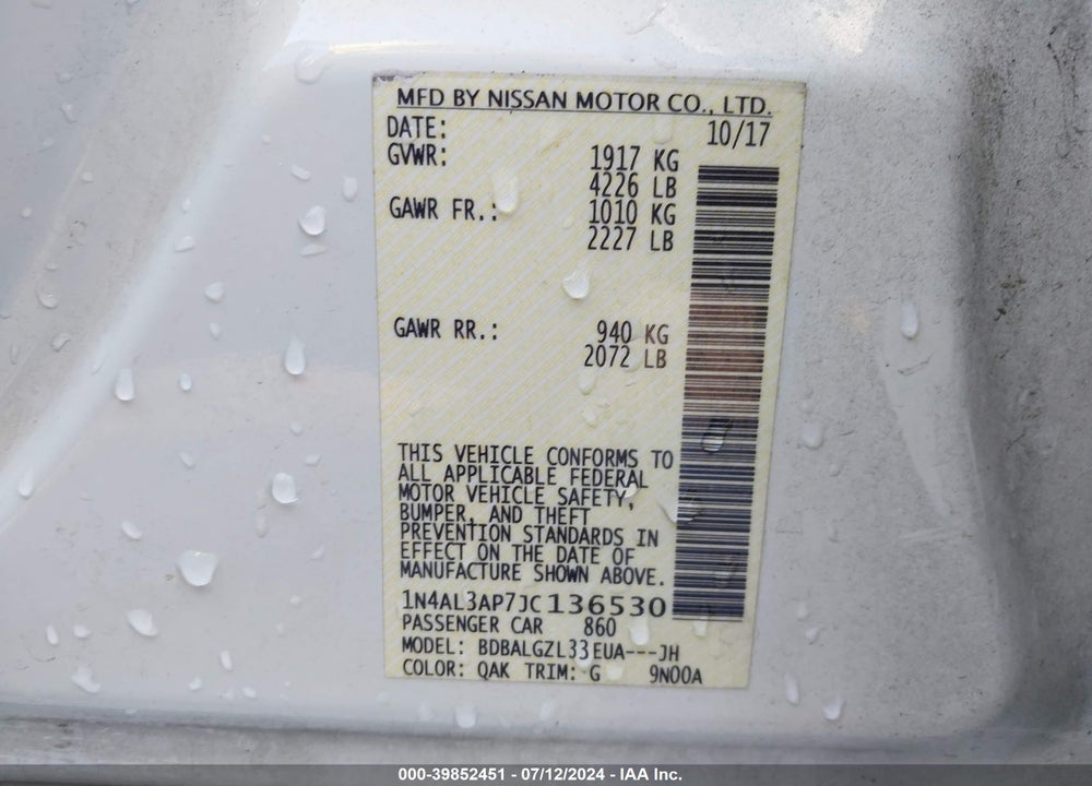 2018 NISSAN ALTIMA 2.5 S VIN: 1N4AL3AP7JC136530