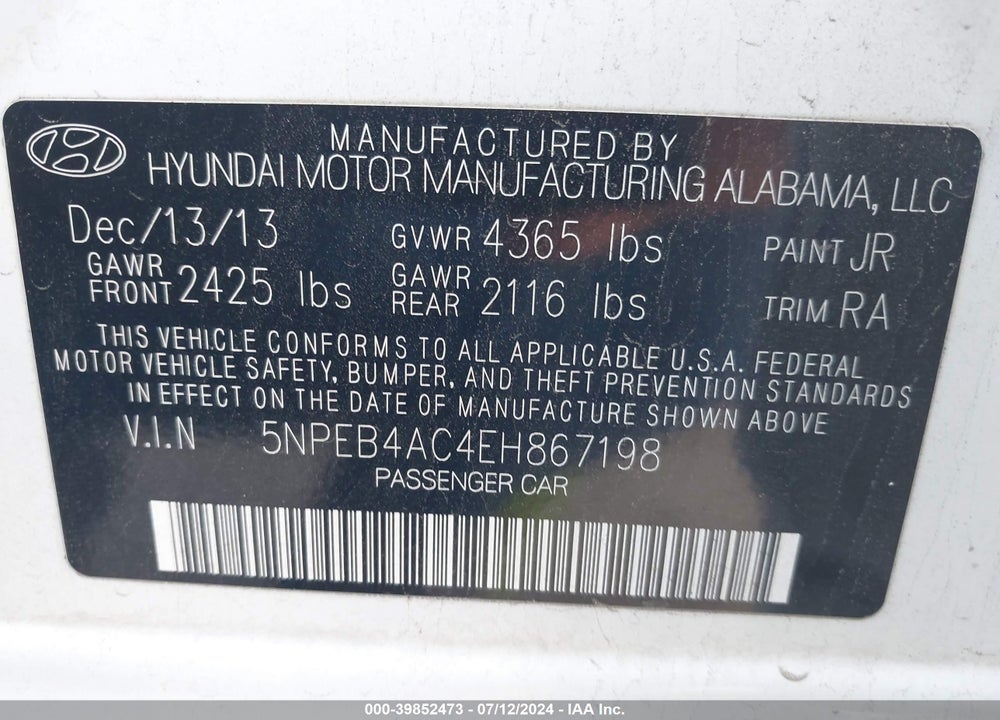 2014 HYUNDAI SONATA GLS VIN: 5NPEB4AC4EH867198