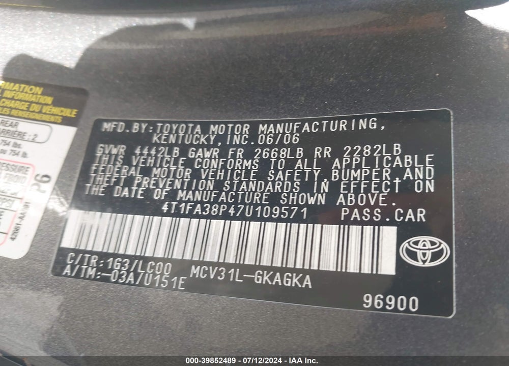 2007 TOYOTA CAMRY SOLARA SLE VIN: 4T1FA38P47U109571