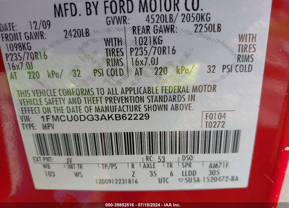 2010 FORD ESCAPE XLT VIN: 1FMCU0DG3AKB62229